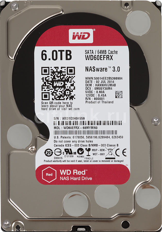 WD60EFRX, Жесткий диск, HDD SATA-III WD Red, 6ТБ, 3.5", 5400об/мин, 64Мб