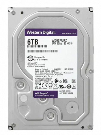 Western Digital WD62PURZ Жесткий диск, HDD SATA-III WD Purple, 6ТБ, 3.5&quot;, 128Мб buffer