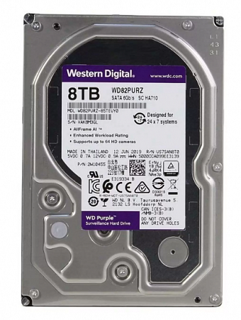 HDD SATA-III WD Purple, WD82PURZ, 8ТБ, 3.5&quot;, 7200об/мин, 6GB/S, 256Мб, Жесткий диск