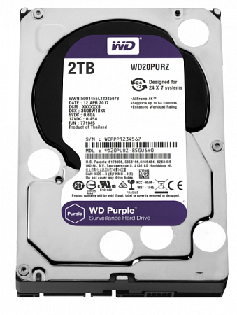 HDD SATA-III WD Purple, WD20PURZ, 2ТБ, 3.5&quot;, 6GB/S, 64Мб, Жесткий диск